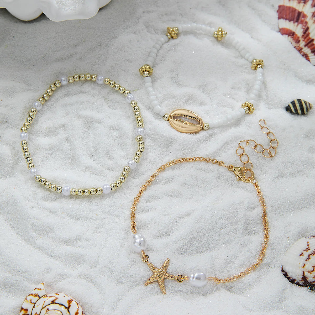 Set di 3 bracciali estivi con conchiglie , stile Boemia, con ciondolo a stella marina, perle e perline, bracciale a catena, gioielli da spiaggia , regalo perfetto.