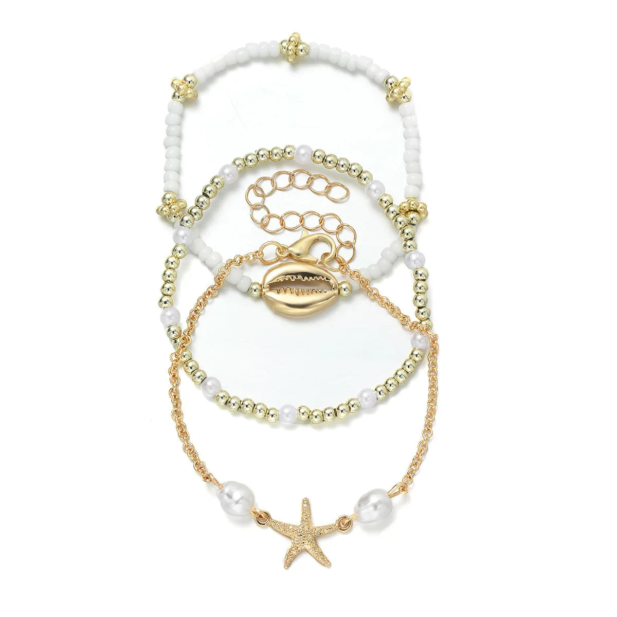 Set di 3 bracciali estivi con conchiglie , stile Boemia, con ciondolo a stella marina, perle e perline, bracciale a catena, gioielli da spiaggia , regalo perfetto.