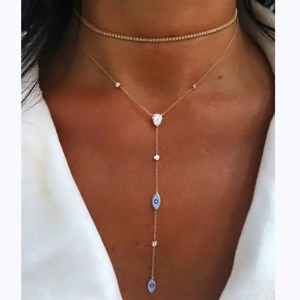 Collana con ciondolo a forma di malocchio in smalto, graziosa e adorabile collana con maglie in zirconia cubica bianca a Y con laccetto