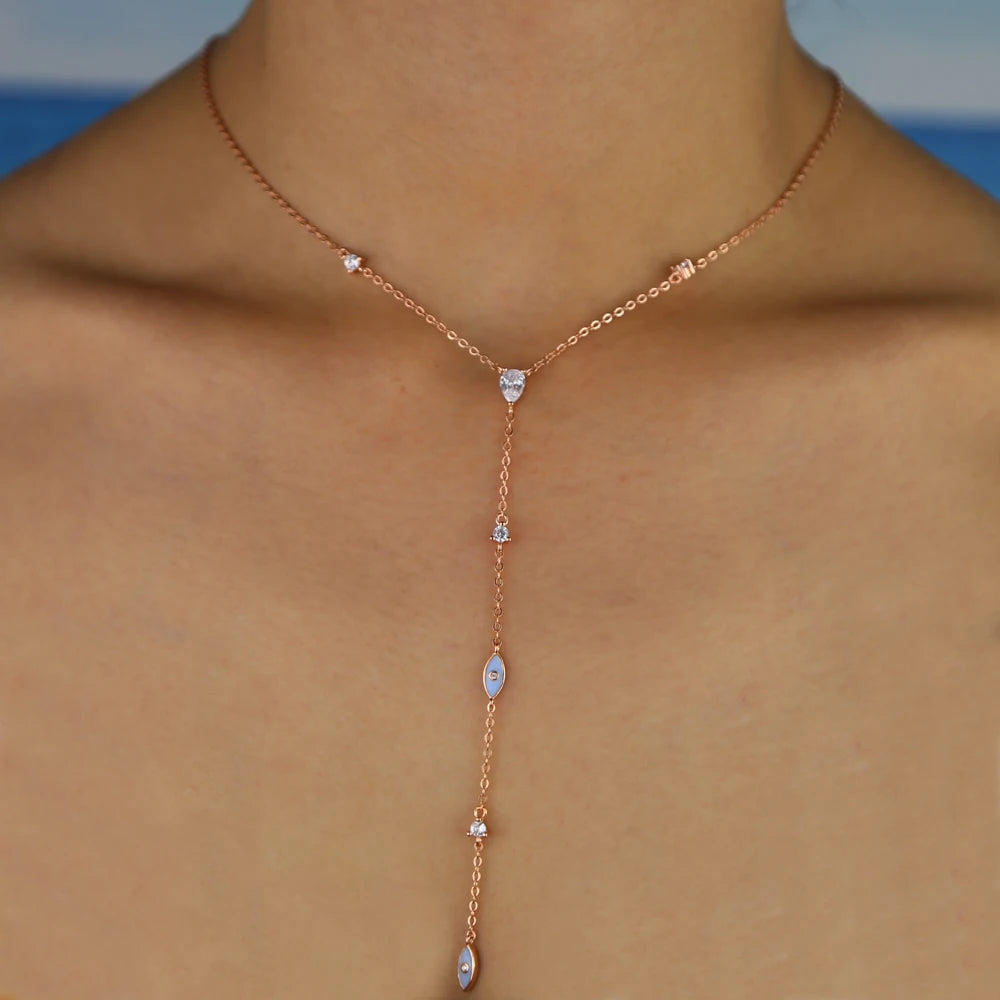 Collana con ciondolo a forma di malocchio in smalto, graziosa e adorabile collana con maglie in zirconia cubica bianca a Y con laccetto
