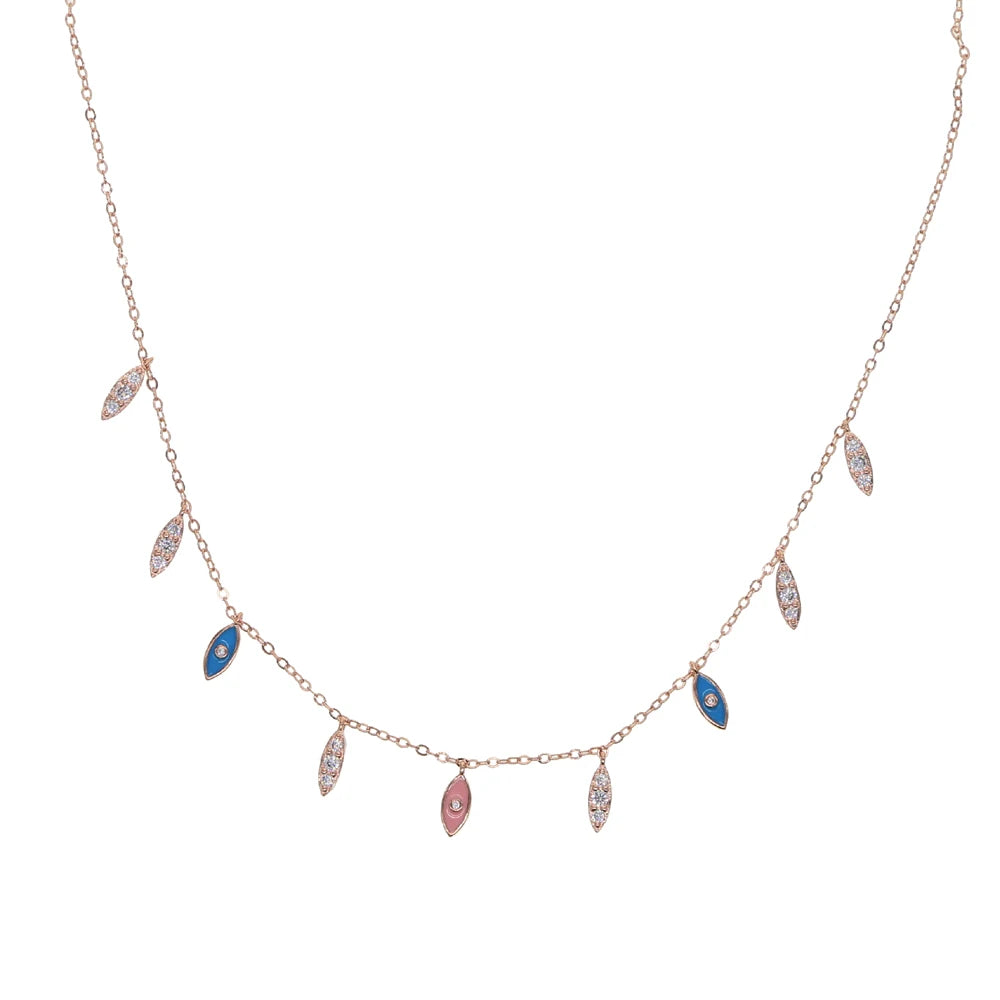Collana con ciondolo a forma di malocchio in smalto, graziosa e adorabile collana con maglie in zirconia cubica bianca a Y con laccetto