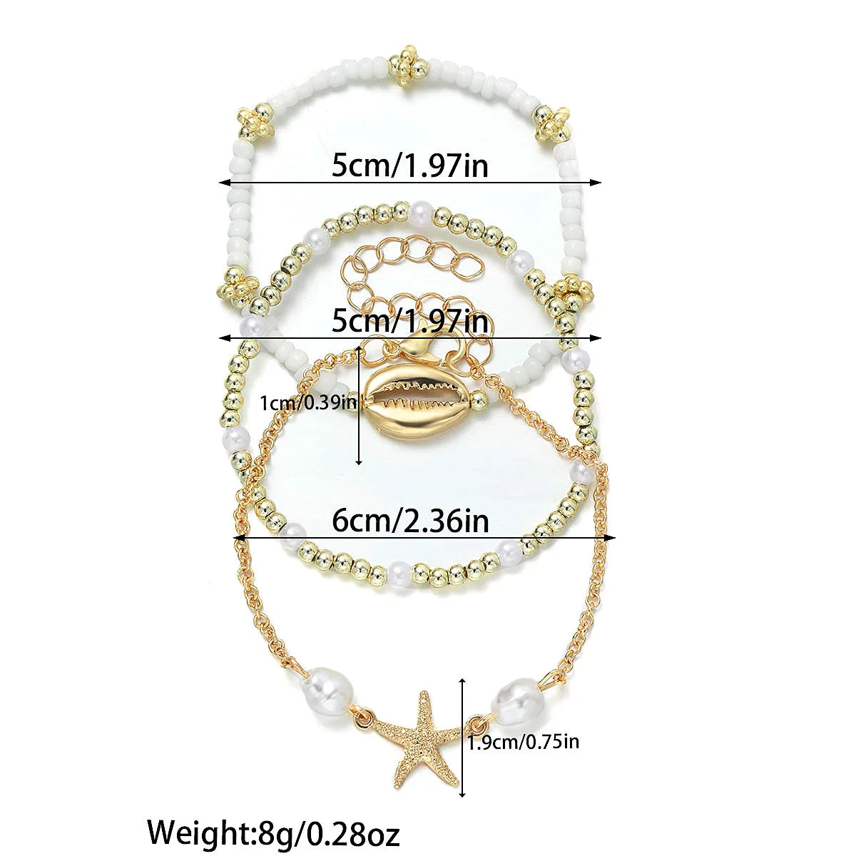 Set di 3 bracciali estivi con conchiglie , stile Boemia, con ciondolo a stella marina, perle e perline, bracciale a catena, gioielli da spiaggia , regalo perfetto.