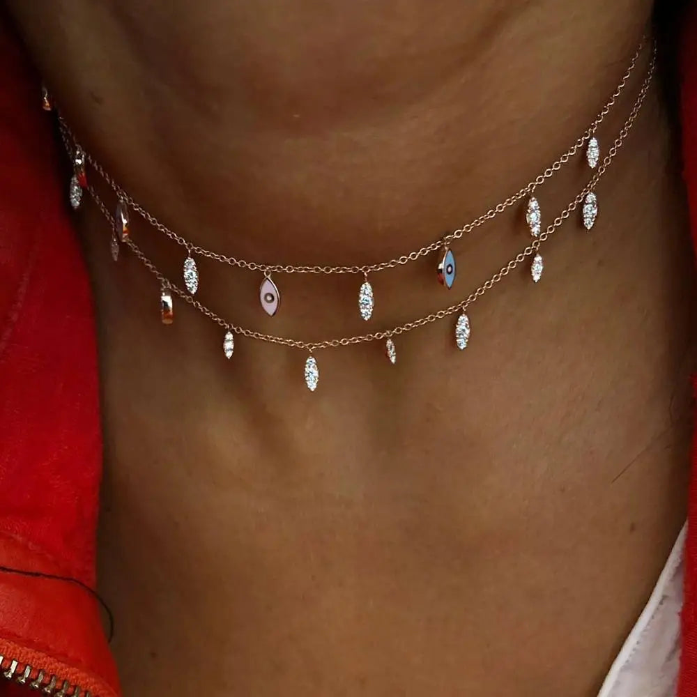 Collana con ciondolo a forma di malocchio in smalto, graziosa e adorabile collana con maglie in zirconia cubica bianca a Y con laccetto